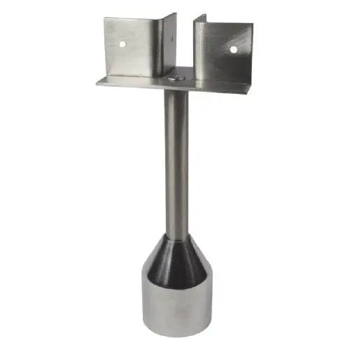 Lenlok M122 toilet partition leg with 200MM height and T bracket fixing in satin stainless steel for commercial restroom stalls.