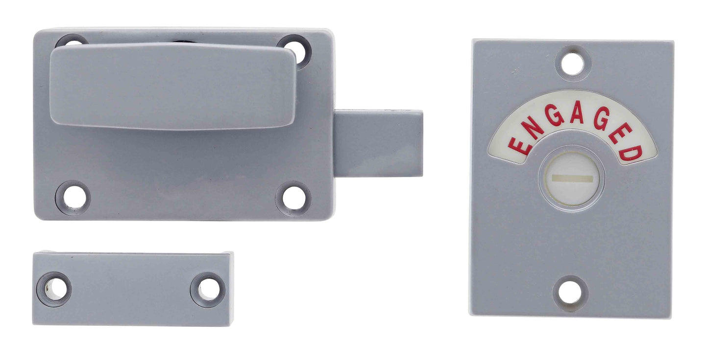 Lenlok M200sf Indicator Bolt - Visible Fixing in satin chrome with emergency slot, 63MM x 40MM, ideal for toilet partition doors.