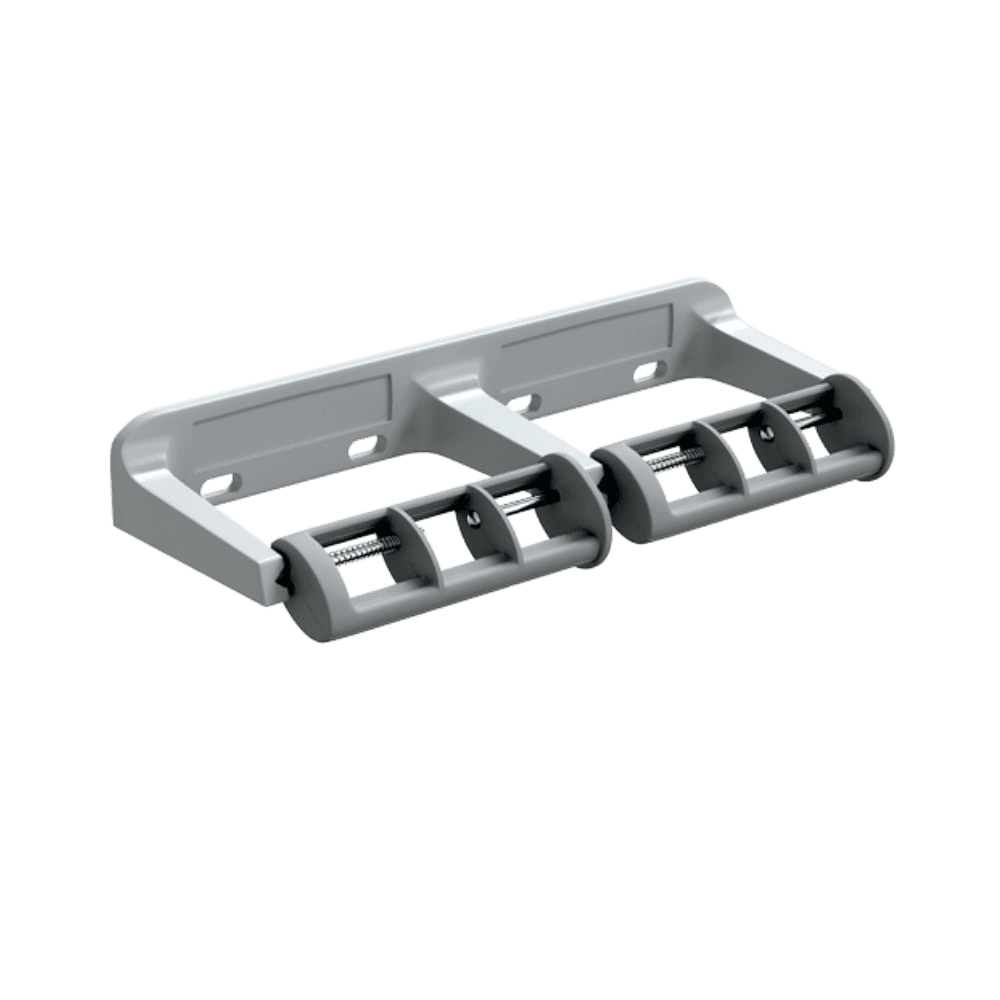 Lenlok ML825 Toilet Double Roll Dispenser in grey enamel finish, wall-mounted design for toilet partitions. Holds two rolls for easy refill and use.