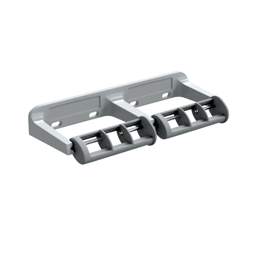 Lenlok ML825 Toilet Double Roll Dispenser in grey enamel finish, wall-mounted design for toilet partitions. Holds two rolls for easy refill and use.