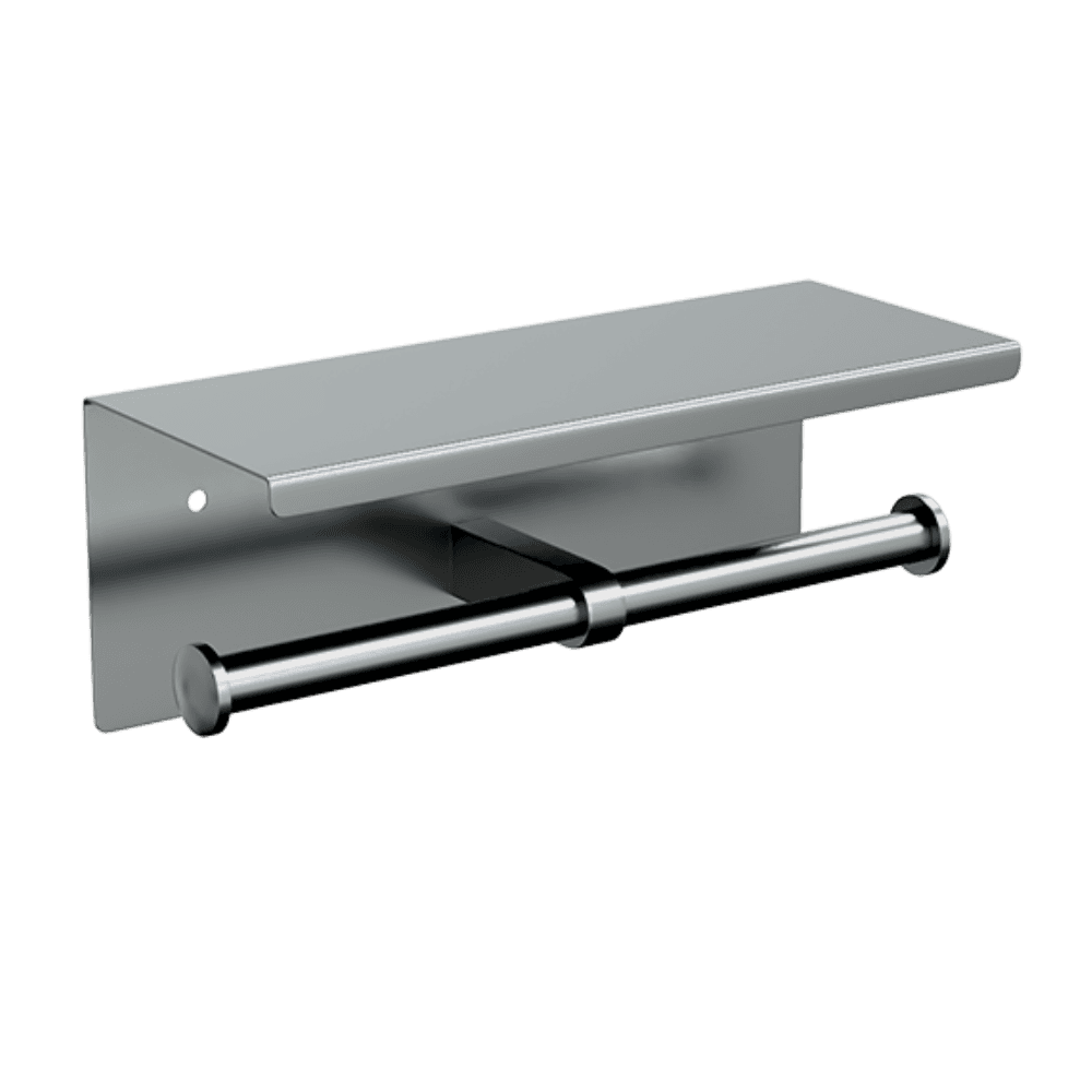 Lenlok ML269-TRH Toilet Double Roll Dispenser in stainless steel with a sleek wall-mounted design and shelf, ideal for commercial toilet partitions.