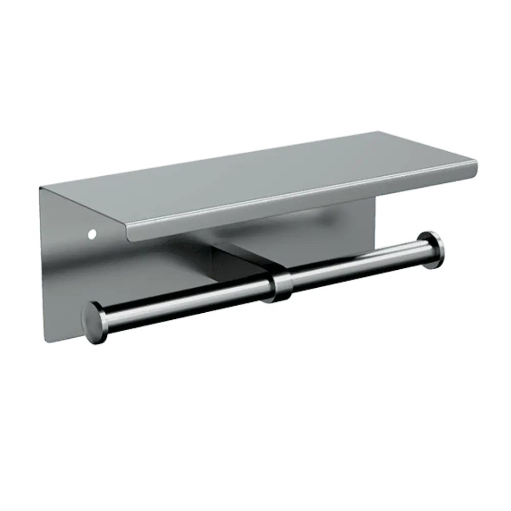 Lenlok ML269-TRH Toilet Double Roll Dispenser in stainless steel with a sleek wall-mounted design and shelf, ideal for commercial toilet partitions.