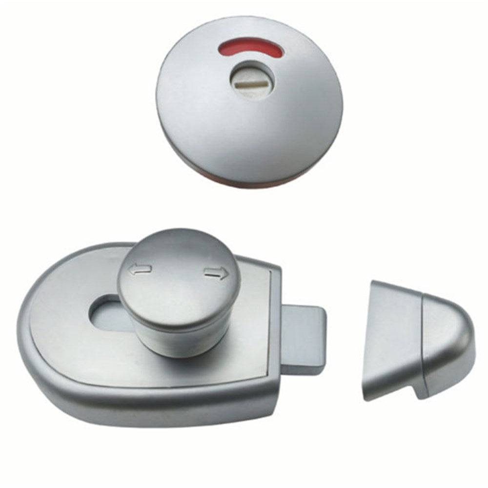 Metlam Xcel Lock Set - Slide Lock and Indicator in satin chrome finish with screw fixings, ideal for toilet partition doors in commercial settings.