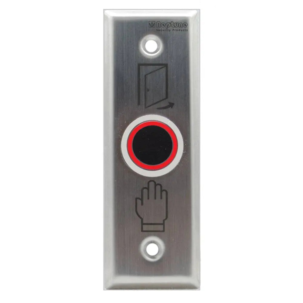 Neptune Infrared Touchless Exit - IP65 Button showing red LED status, featuring IR sensor and durable stainless steel design for door hardware use.