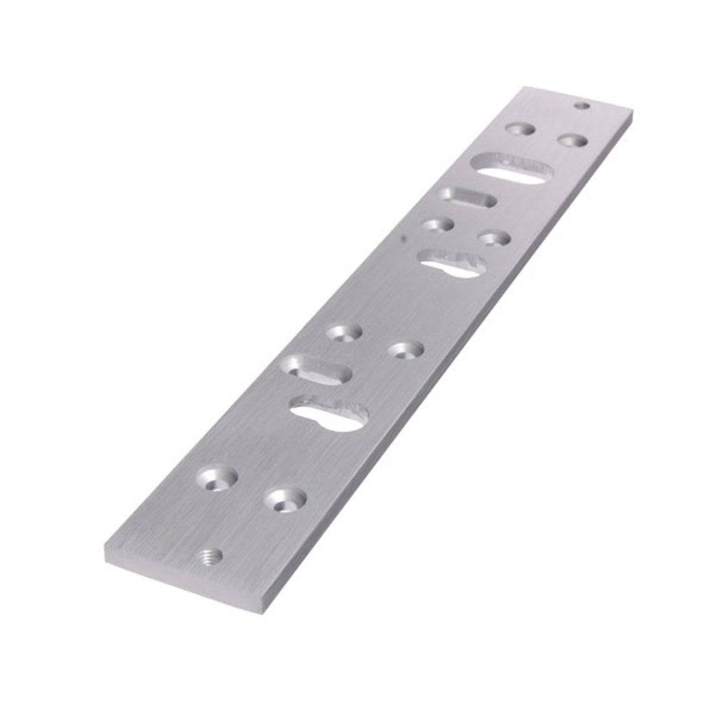 Neptune Packing Plate for NEML500M magnetic locks in anodised aluminum with multiple mounting holes, 265x40x6mm dimensions.