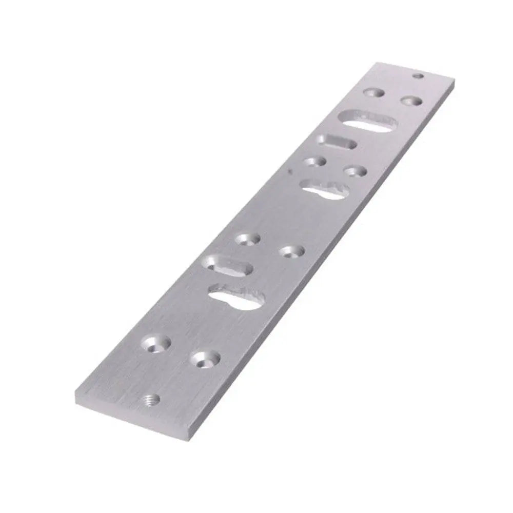 Neptune Packing Plate for NEML500M magnetic locks in anodised aluminum with multiple mounting holes, 265x40x6mm dimensions.