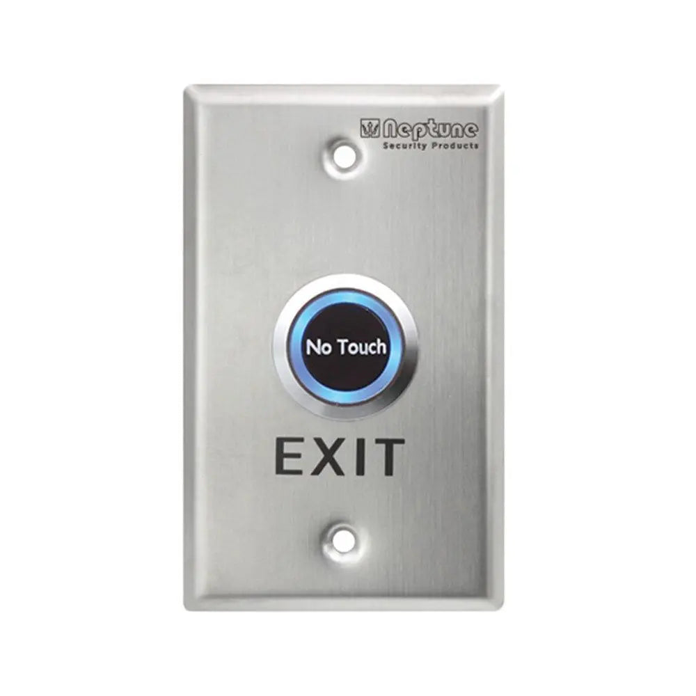 Neptune Touchless Exit button with LED indicator and stainless steel plate, ideal for hands-free access control in commercial settings.