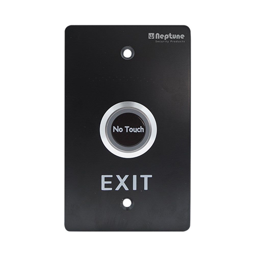 Neptune Touchless Exit in black with LED ring, NO/NC/C contacts, 1.7mm stainless steel plate, ideal for access control systems.