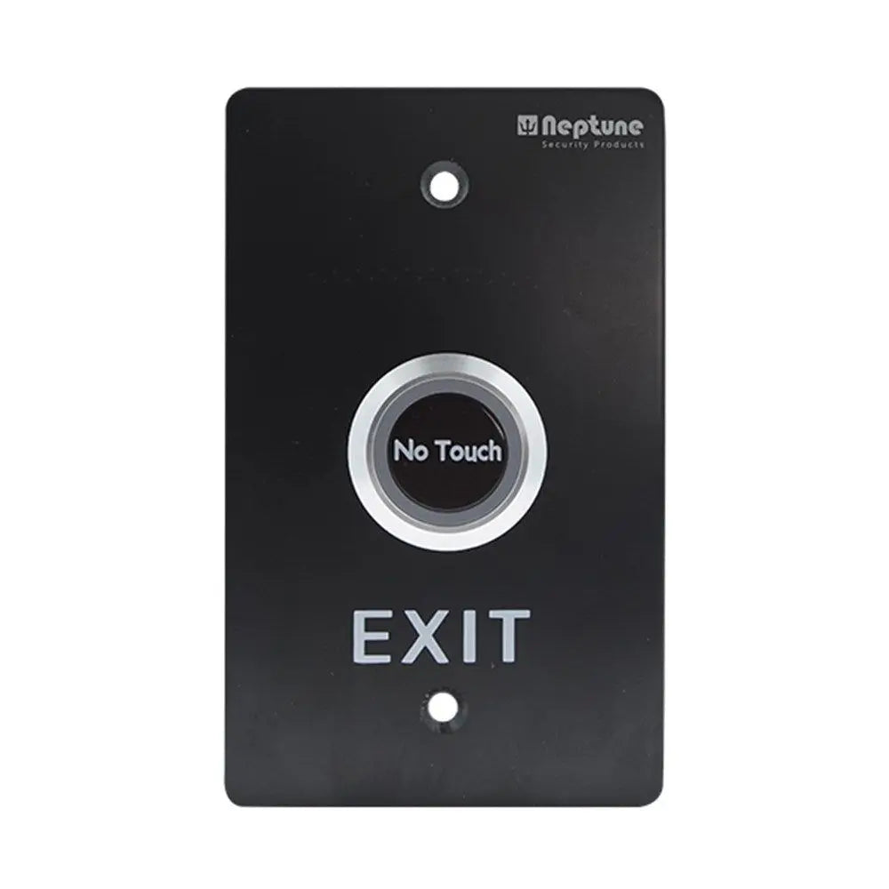 Neptune Touchless Exit in black with LED ring, NO/NC/C contacts, 1.7mm stainless steel plate, ideal for access control systems.