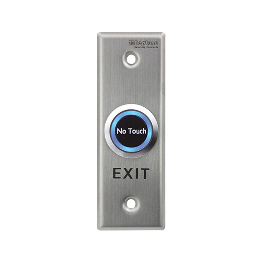 Neptune Touchless Exit Button in stainless steel with LED ring and 'No Touch' label, ideal for hands-free door access in commercial buildings.