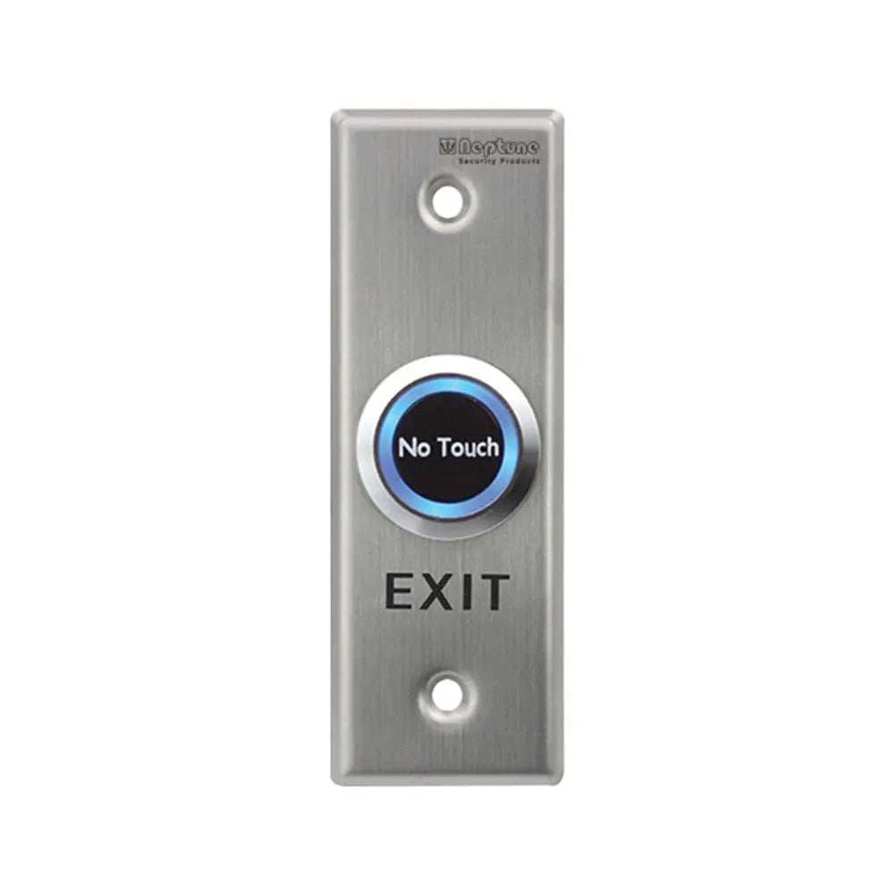 Neptune Touchless Exit Button in stainless steel with LED ring and 'No Touch' label, ideal for hands-free door access in commercial buildings.