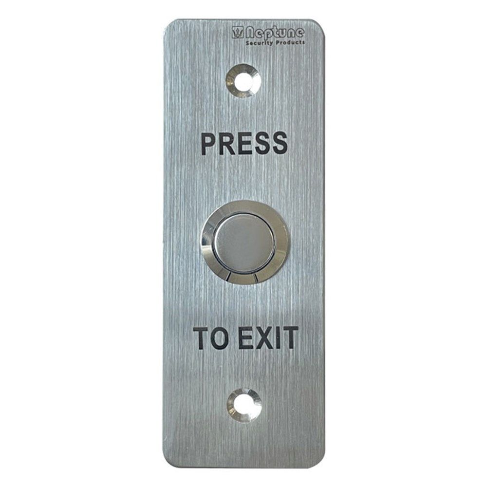 Neptune Mullion Exit Button with 1.7mm stainless steel plate, surface-mounted design for access control. Features 'Press to Exit' text and central push button.