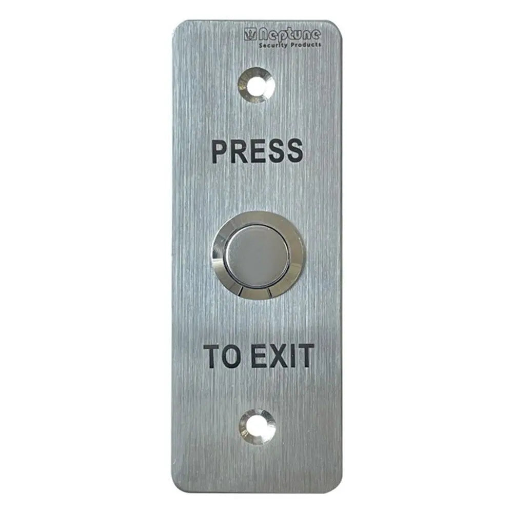 Neptune Mullion Exit Button with 1.7mm stainless steel plate, surface-mounted design for access control. Features 'Press to Exit' text and central push button.