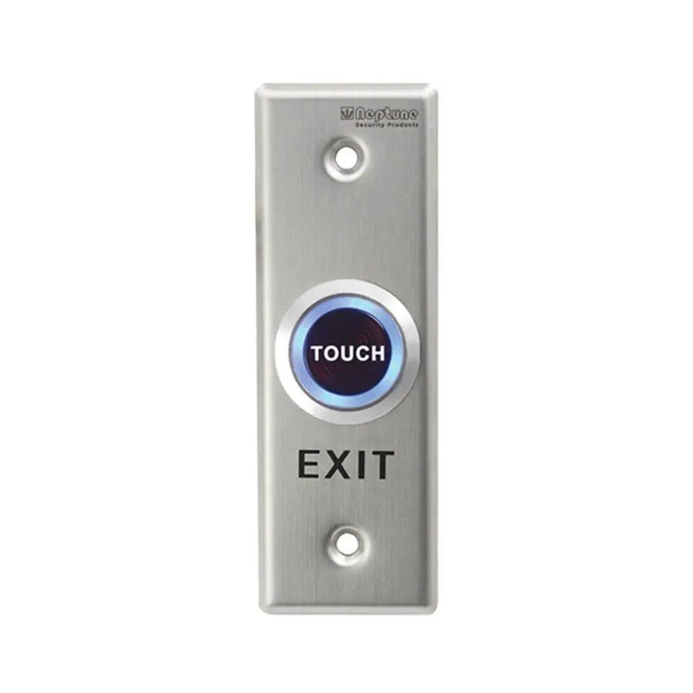 Neptune Touch Exit Button-Exit|LED, Stainless Steel with illuminated blue LED ring. Mullion mount design for access control systems.