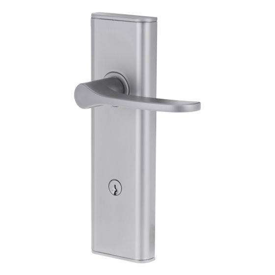 NEXION VISION MECHANICAL LEVER 34 in a sleek silver finish, designed for residential doors. Premium leverset for secure and stylish door hardware.