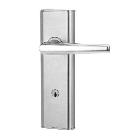 NEXION VISION MECHANICAL LEVER 2 in a sleek silver finish, designed for residential use, featuring a modern rectangular backplate and keyhole.