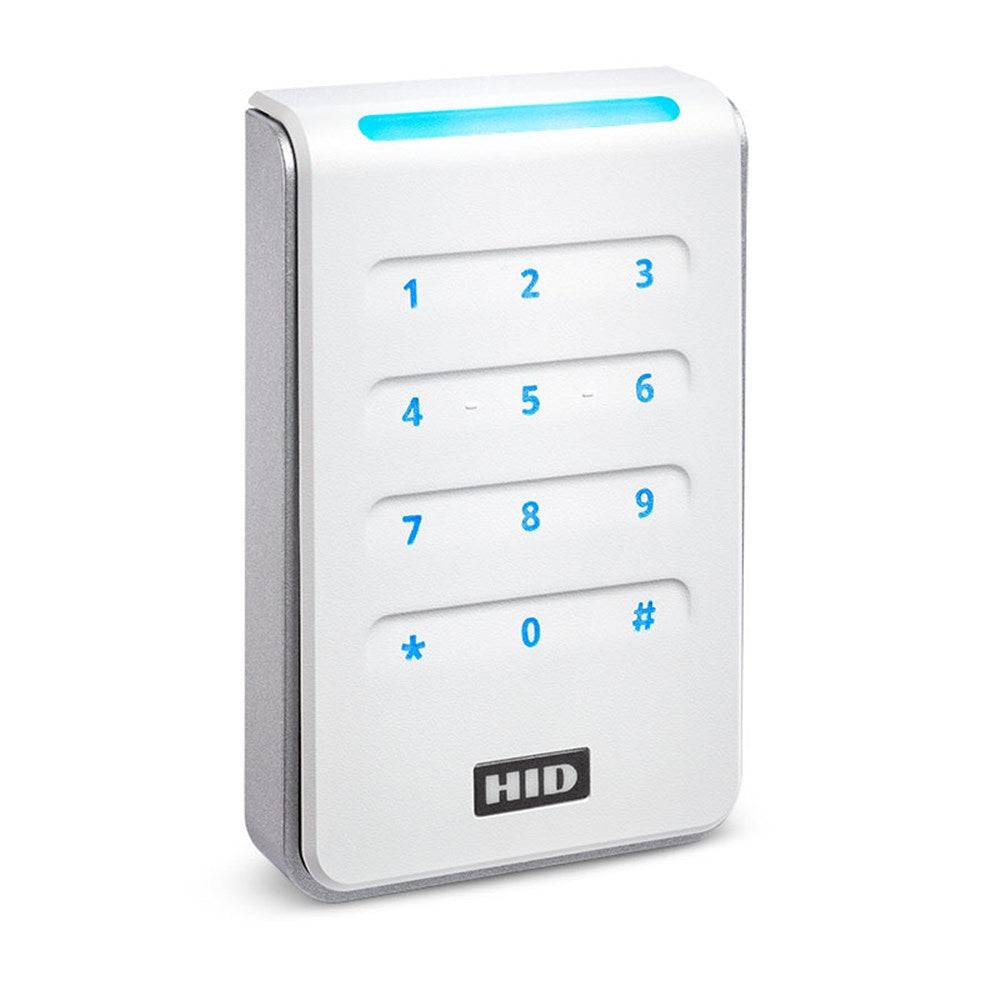 Angled view of white HID Signo 40K Keypad Reader with blue LED lighting, supporting mobile and card-based secure entry.