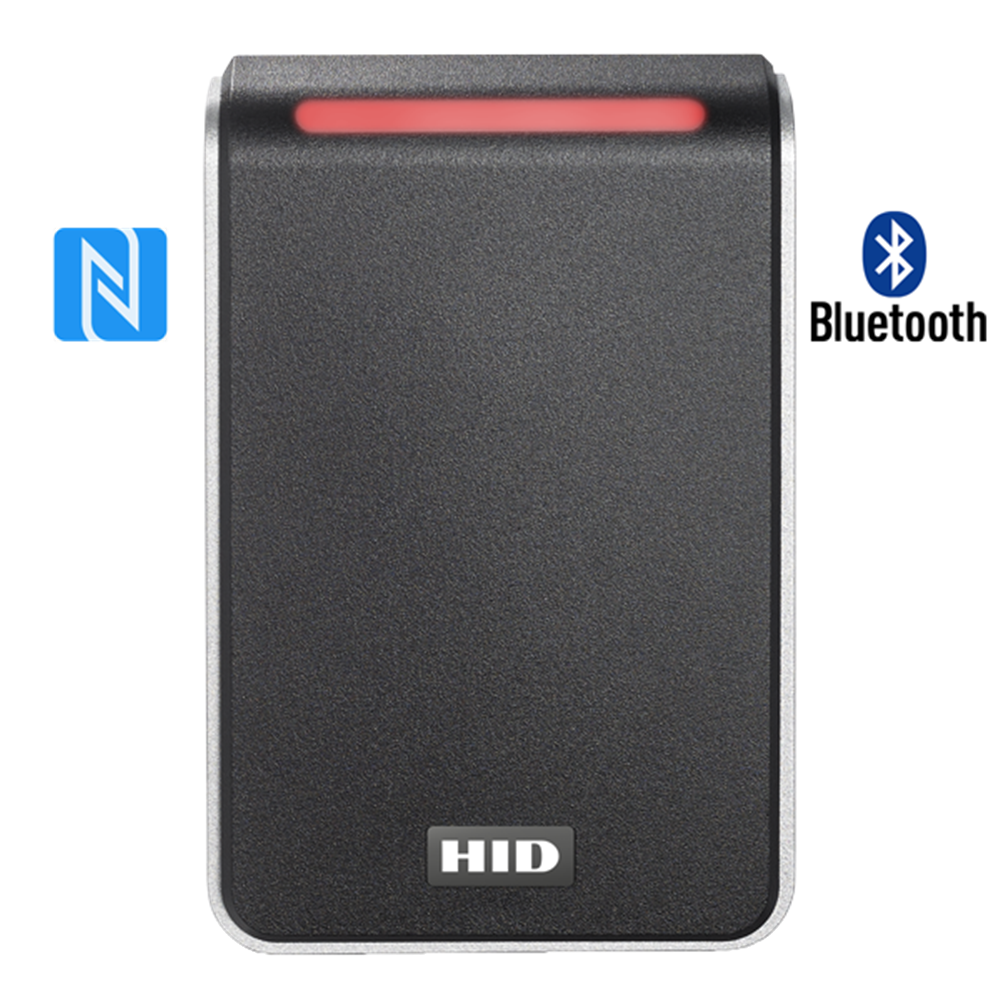 Front view of HID Signo 40 Reader in black with NFC and Bluetooth icons, supporting secure mobile and card-based access control.