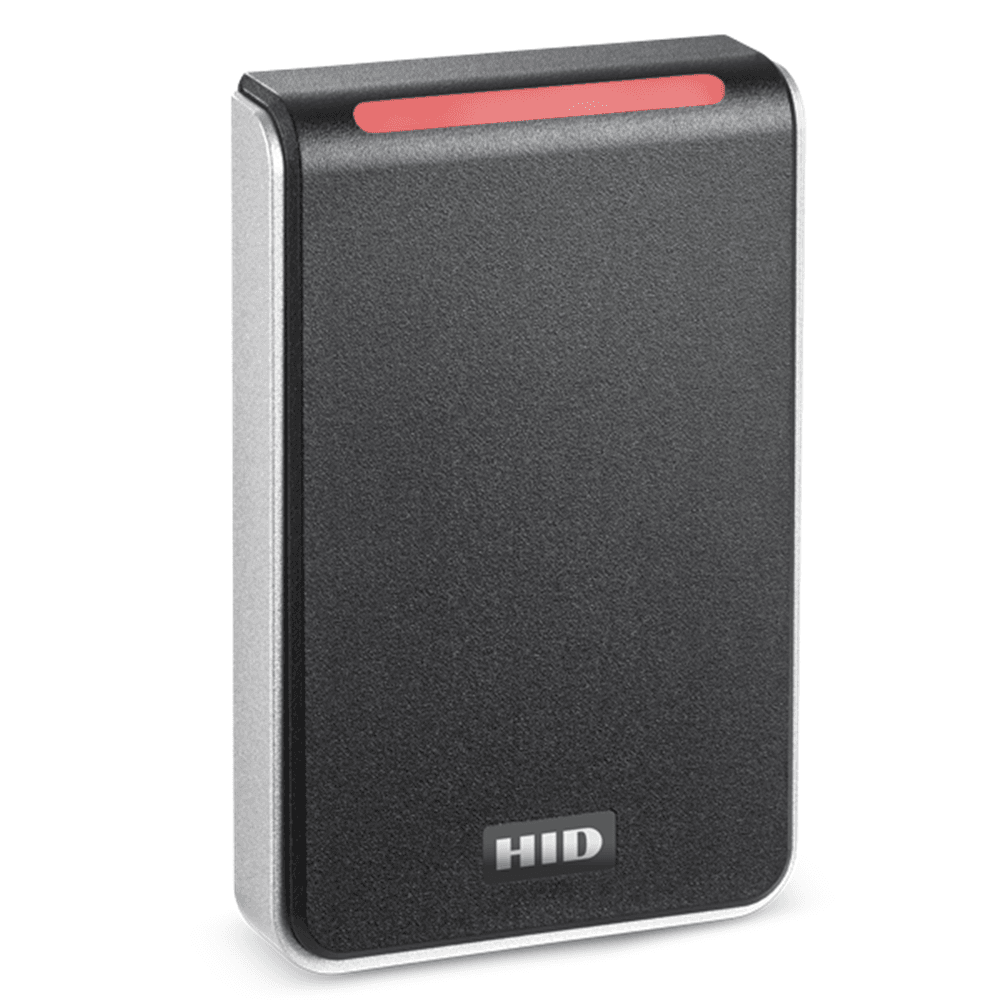 HID Signo 40 Reader in black with red LED indicator, ideal for secure access control using pigtail connection in commercial settings.