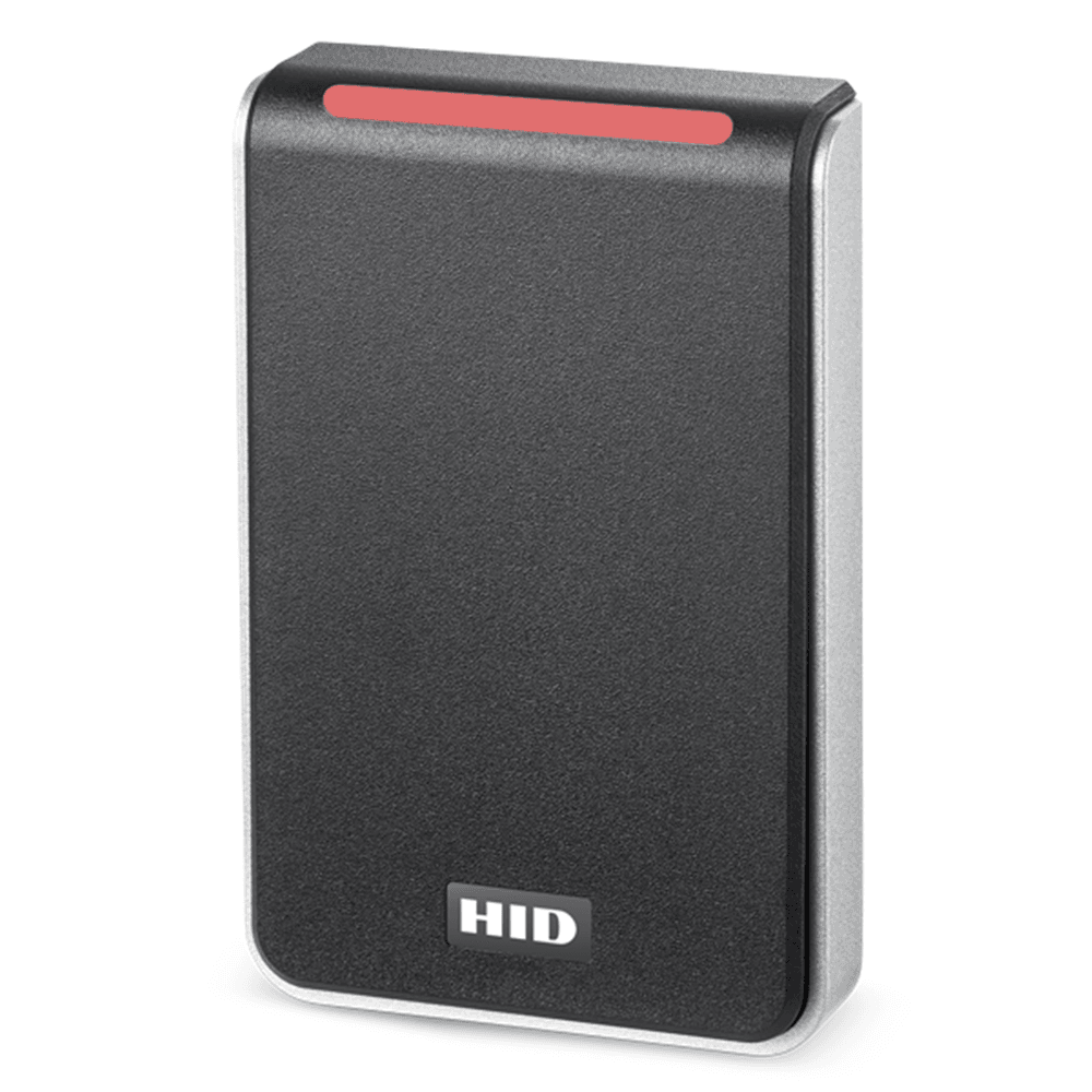 Angled view of HID Signo 40 Reader in black, showcasing sleek design and red LED for versatile electronic access control solutions.