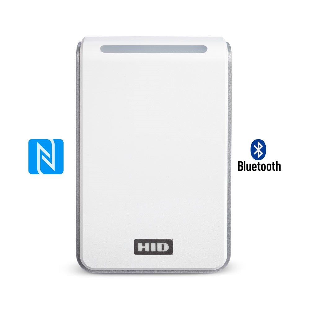 White HID Signo 40 Reader with NFC and Bluetooth support, designed for modern secure access control with pigtail connection.