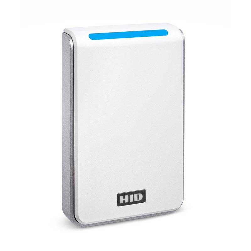 Angled view of white HID Signo 40 Reader with blue LED, offering advanced credential support for secure access control systems.