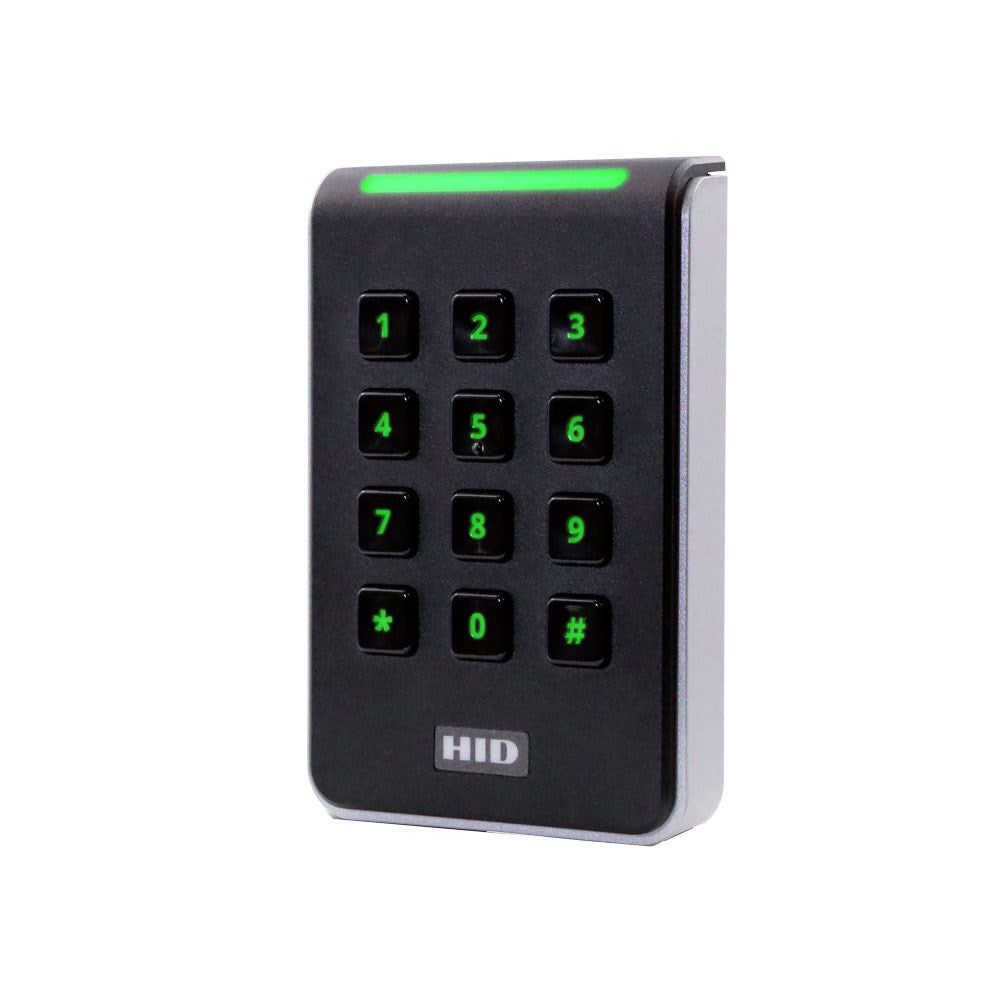 HID Signo Keypad Reader - Standard Profile shown with green LED, supports mobile and key card access for secure entry systems.