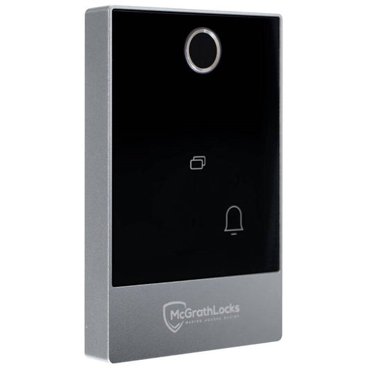 McGrath Locks Access Control Keypad with fingerprint scanner, RFID, BLE, and pin code support for secure entry. Sleek black and silver design.