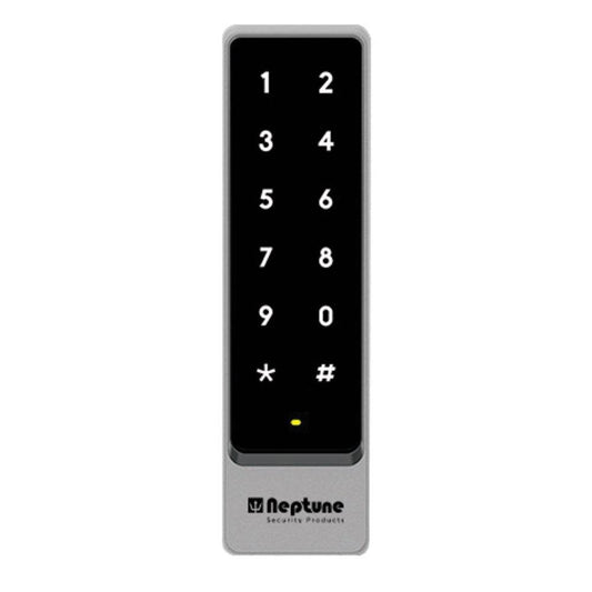 Neptune Touch Keypad with HID/EM/Mifare Reader IP65 for secure access control. Sleek mullion design ideal for key card entry systems in harsh environments.