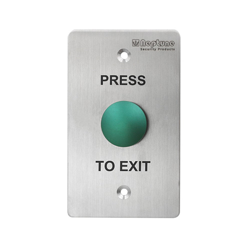 Neptune Press to Exit mushroom button with green actuator on stainless steel plate. IP65-rated switch for secure access control systems.
