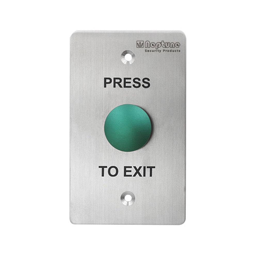 Neptune Press to Exit mushroom button with green actuator on stainless steel plate. IP65-rated switch for secure access control systems.