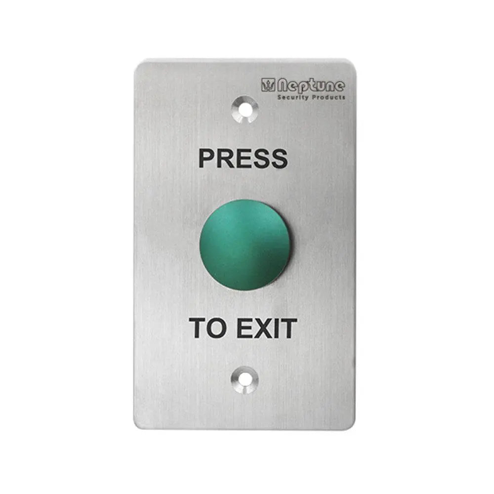 Neptune Press to Exit mushroom button with green actuator on stainless steel plate. IP65-rated switch for secure access control systems.