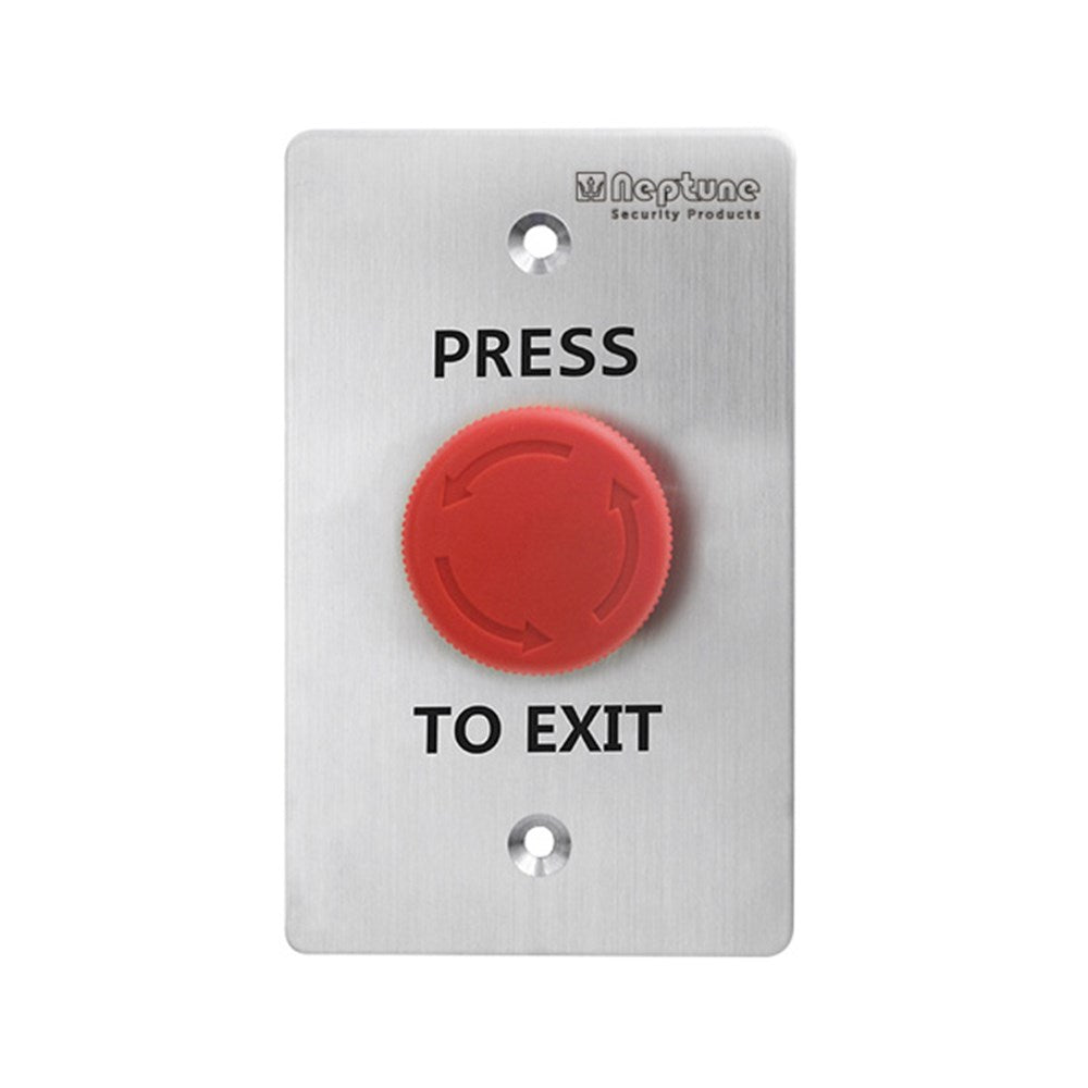 Neptune Latching Press to Exit - Red Mushroom Button with stainless steel plate, ANSI compliant, for access control systems.