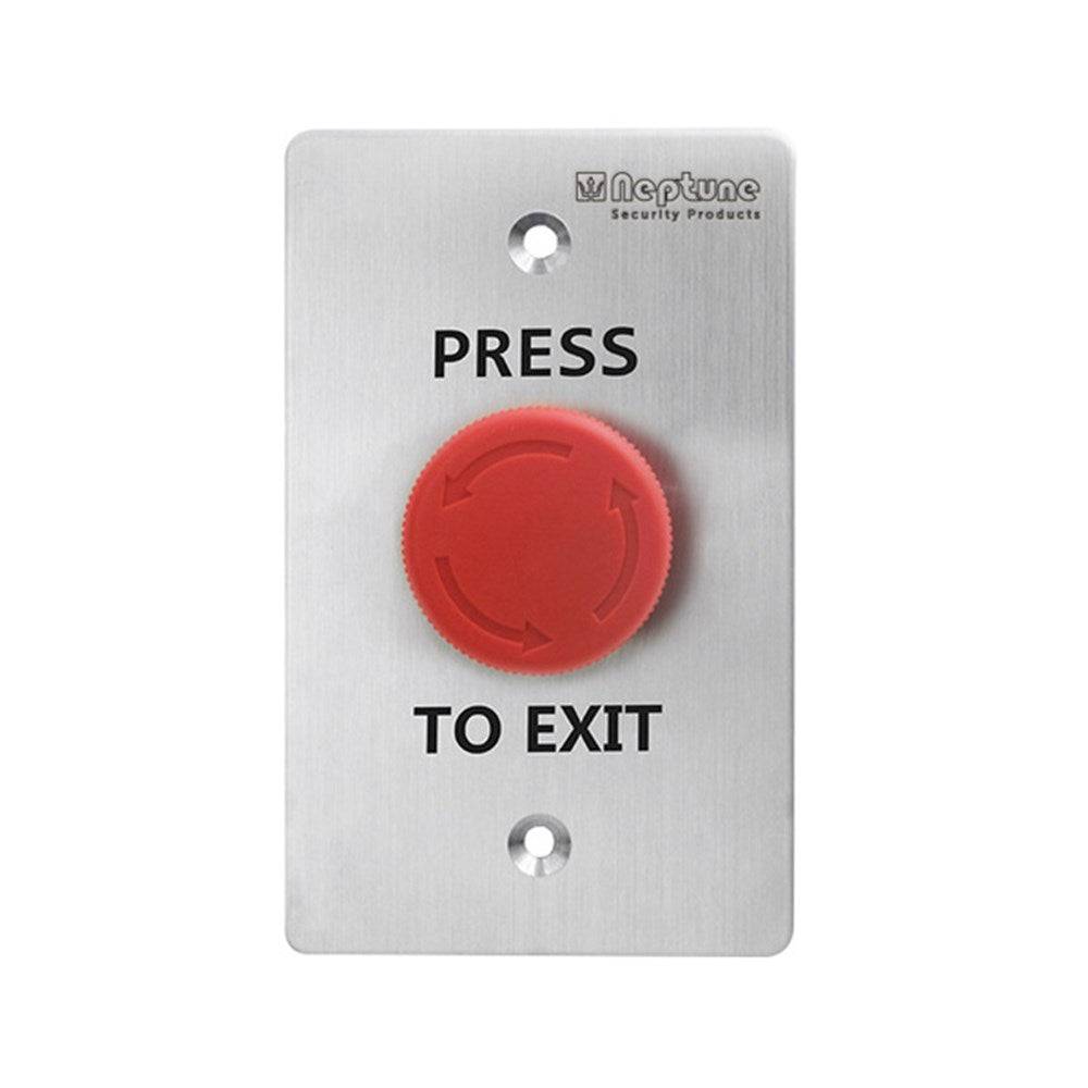 Neptune Latching Press to Exit - Red Mushroom Button with stainless steel plate, ANSI compliant, for access control systems.