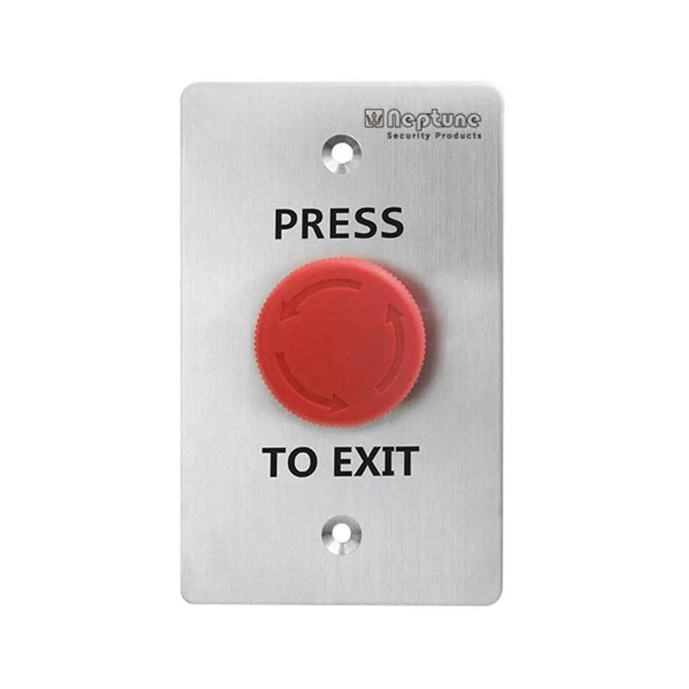 Neptune Latching Press to Exit - Red Mushroom Button with stainless steel plate, ANSI compliant, for access control systems.