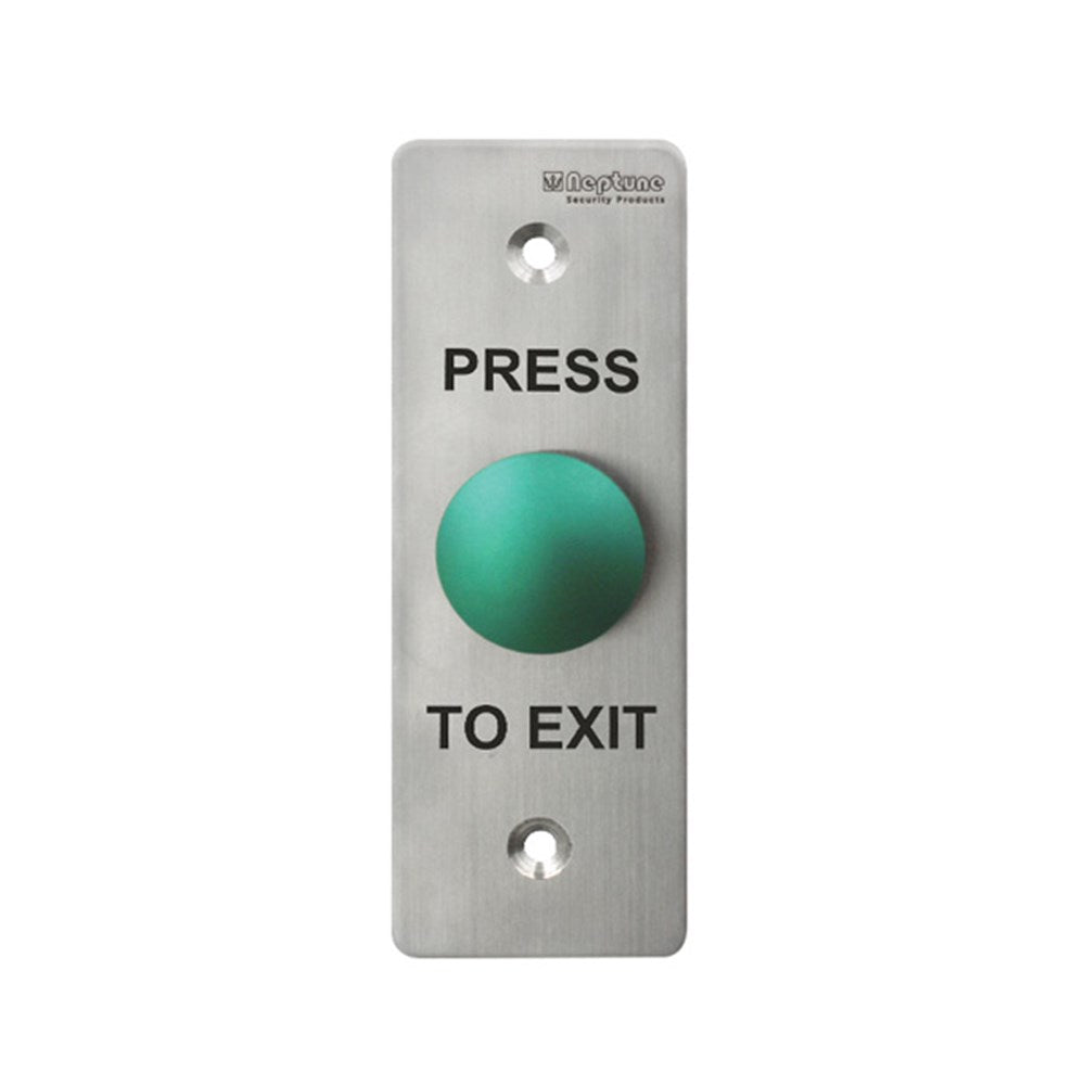 Neptune Green Exit Button - Press to Exit with IP65 rating, stainless steel panel, and mushroom-style button for access control systems.