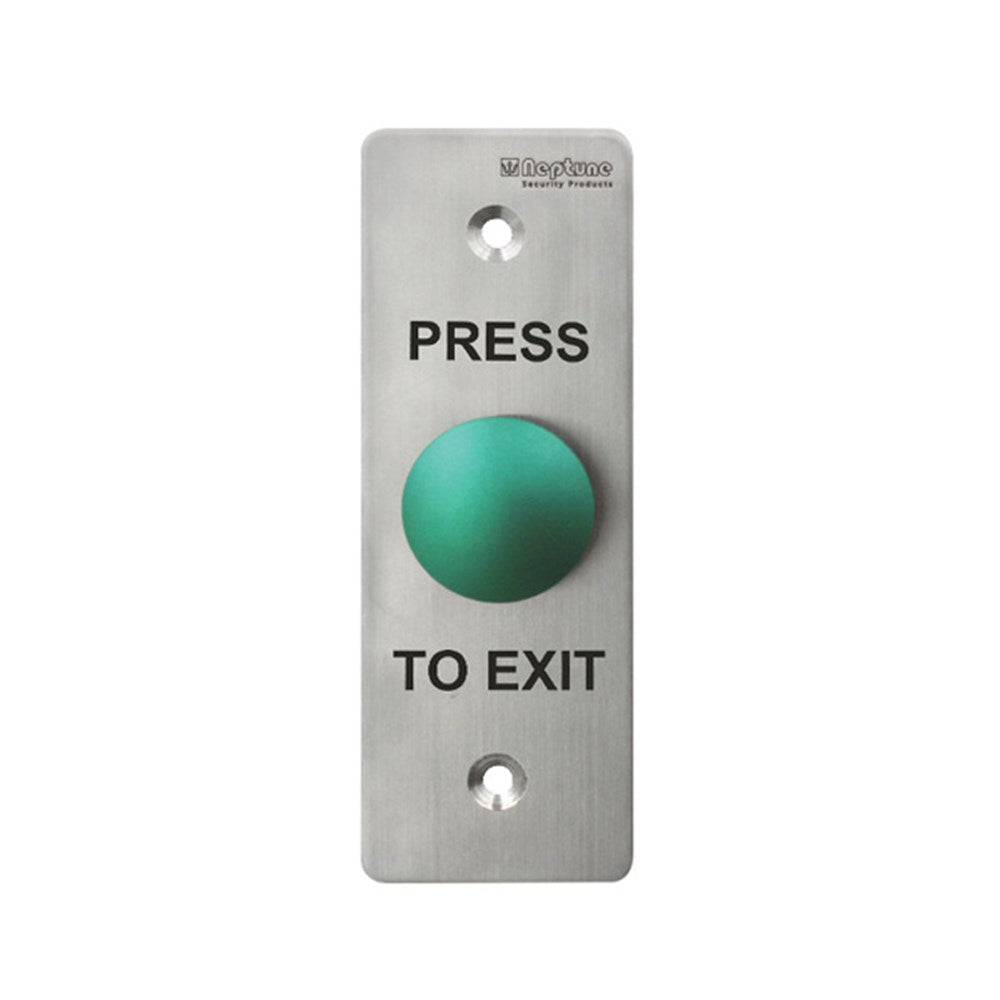 Neptune Green Exit Button - Press to Exit with IP65 rating, stainless steel panel, and mushroom-style button for access control systems.