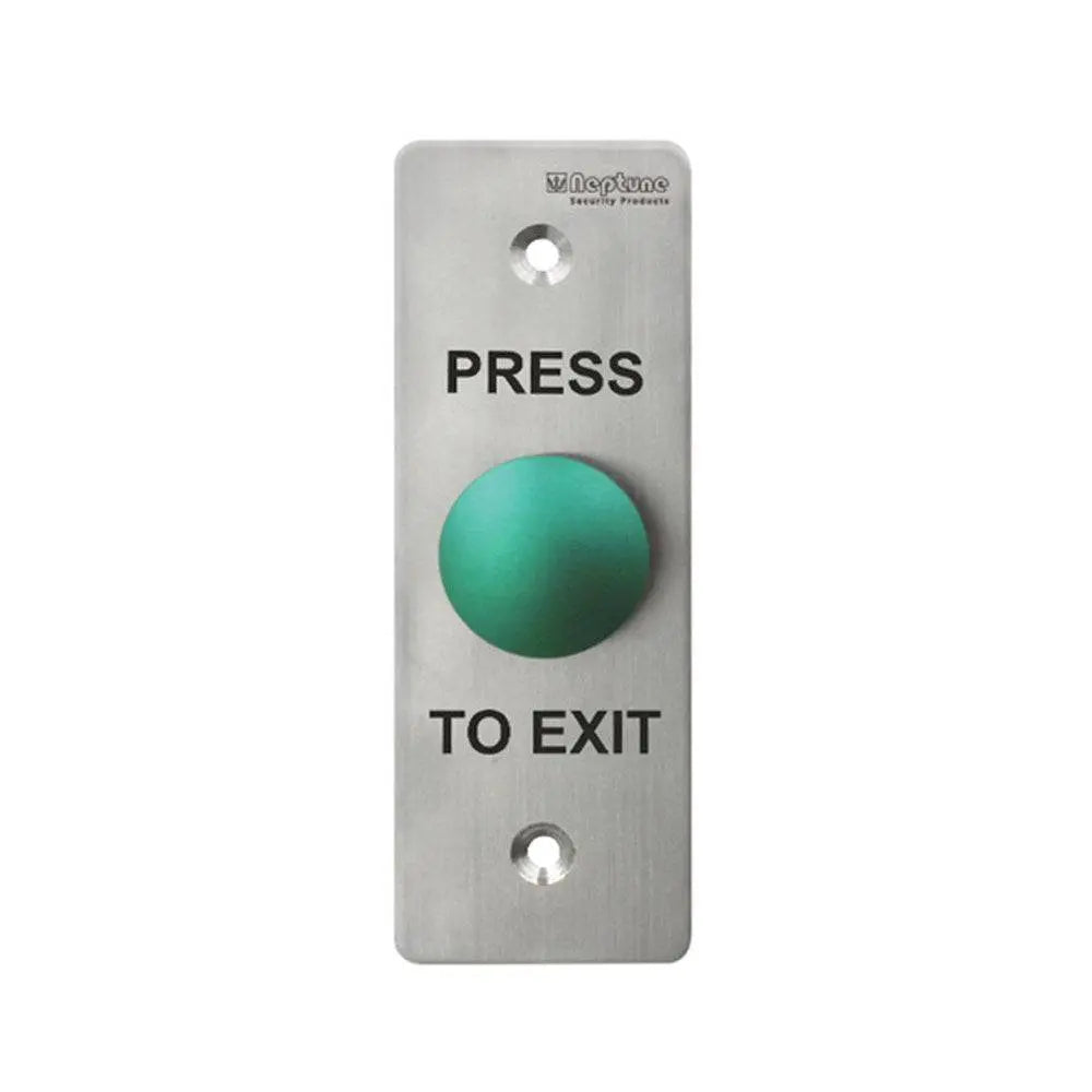 Neptune Green Exit Button - Press to Exit with IP65 rating, stainless steel panel, and mushroom-style button for access control systems.