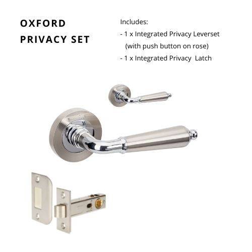 Oxford Privacy Set with integrated privacy latch in brushed nickel finish, featuring a lever handle and push-button mechanism.