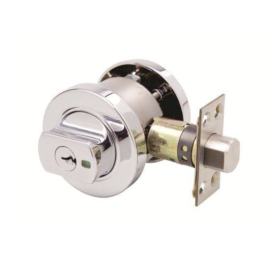 PARADIGM DEADBOLT ROUND ROSE UNIVERSAL PACK with polished chrome finish, featuring a durable locking mechanism for secure door hardware.