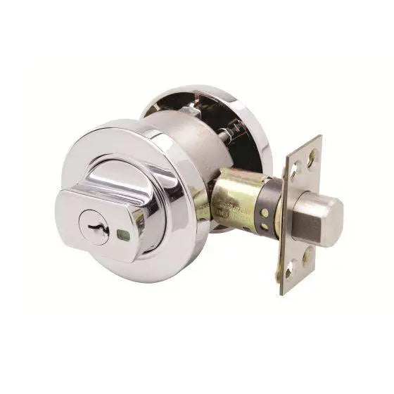 PARADIGM DEADBOLT ROUND ROSE UNIVERSAL PACK with polished chrome finish, featuring a durable locking mechanism for secure door hardware.