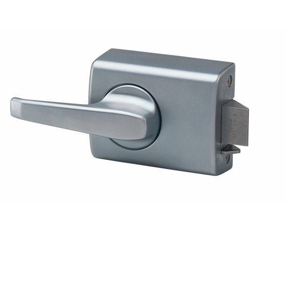 002 WITH LEVER OPEN OUT STRIKE TP deadlatch and nightlatch in a sleek metallic finish, ideal for secure door hardware applications.