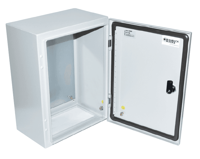 PSS power coated steel enclosure 200Hx200Wx150D with IP66 IK10 rating, reversible door, and galvanized mounting plate for CCTV and electrical housing.