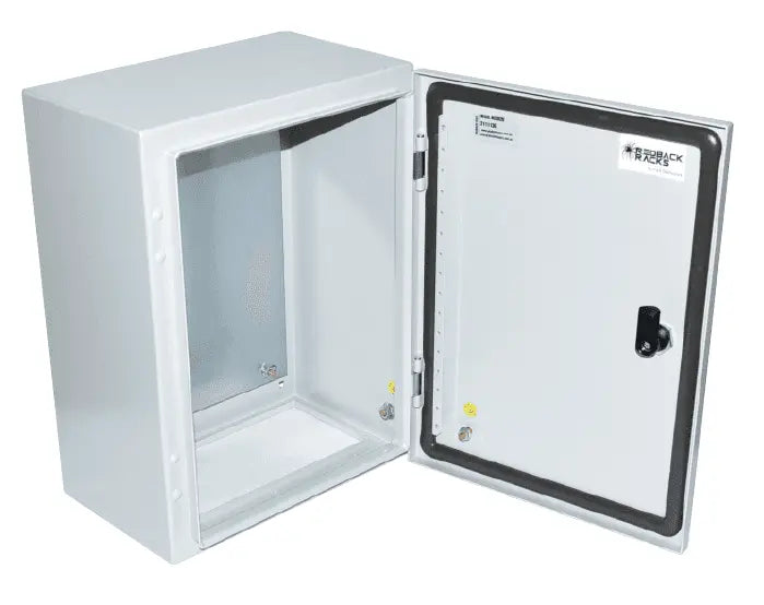 PSS power coated steel enclosure 200Hx200Wx150D with IP66 IK10 rating, reversible door, and galvanized mounting plate for CCTV and electrical housing.