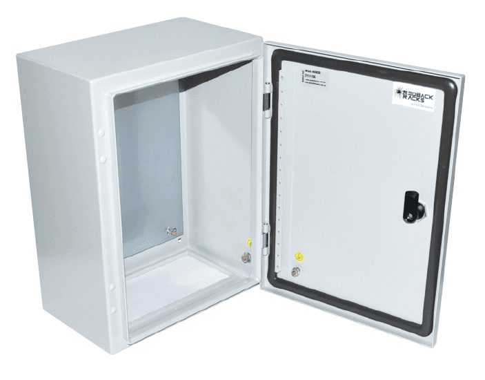 Powder Coated Steel Enclosure IP66 IK10, 600Hx400Wx200D with hinged door open, showing internal galvanised mounting plate for secure electronics installation.