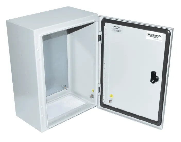 Powder Coated Steel Enclosure IP66 IK10, 600Hx400Wx200D with hinged door open, showing internal galvanised mounting plate for secure electronics installation.