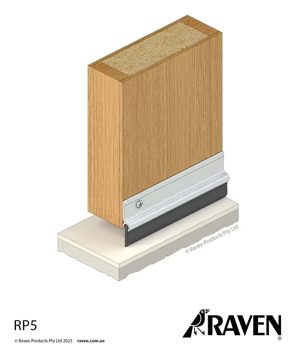 RP5 DOOR SEAL CA 1250mm by Raven shown installed on a wooden door, offering sound and temperature insulation. Available at Harry's Door Hardware.