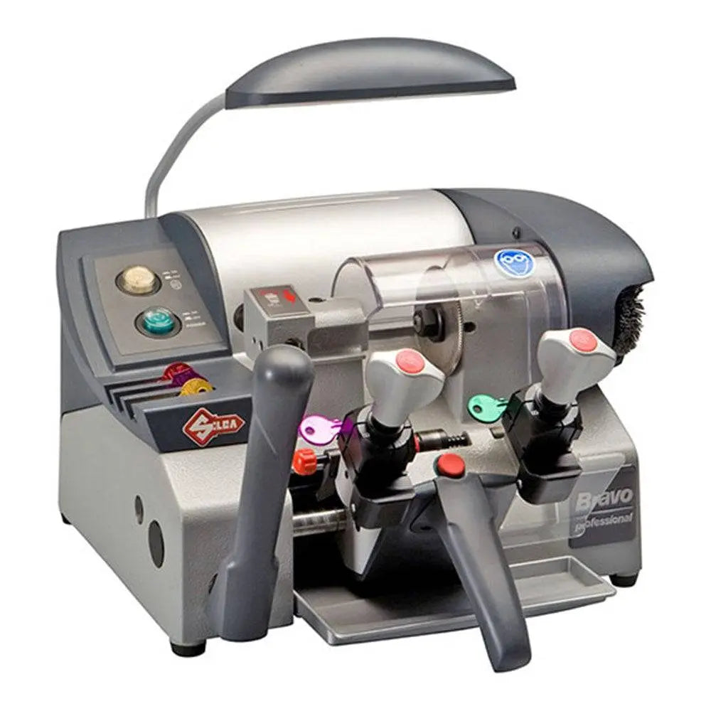 Bravo-II Professional heavy-duty Silca key cutting machine with dual clamps and safety shield for duplicating household and car keys.