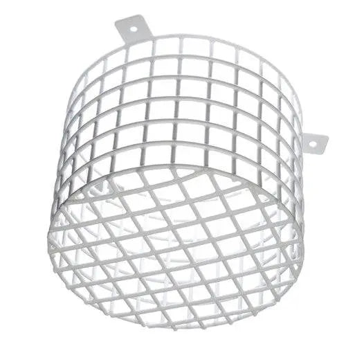 STI Sounder Cage 150mm depth x 200mm diameter in white plastic-coated steel, designed to protect alarms from vandalism in security systems.
