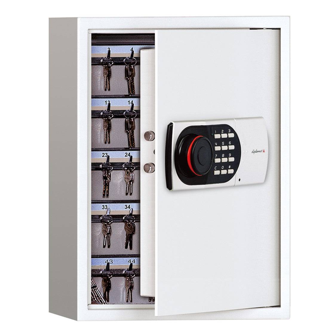Secure Key Cabinet KC100 with digital lock, partially open to show organized key hooks for 100 keys. Ideal for home or business key storage security.